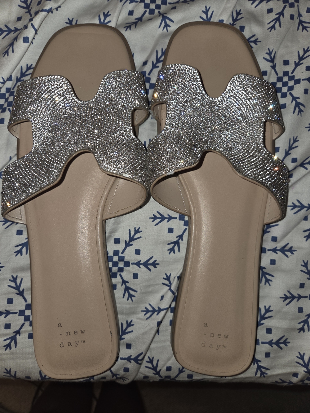 a new day Silver Rhinestone Slide Sandals with Blush Footbed